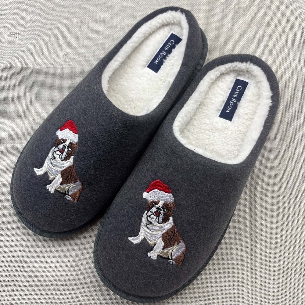 Club Room Mens Holiday Bulldog Slip On Slippers Charcoal Grey Medium 8-9